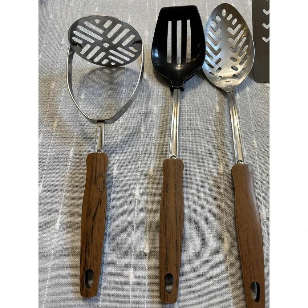 Vintage EKCO USA 5-Piece Stainless Steel Kitchen Utensil Set | Faux Wood MCM